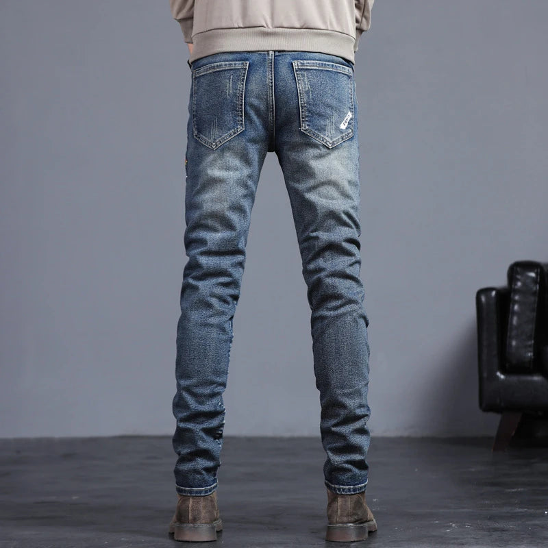 James™ 2023 Nieuwe Herfst Winter Heren Jeans Vintage Blauw Effen Kleur Elastische Klassieke Jeans Slim Fashion Denim Broek