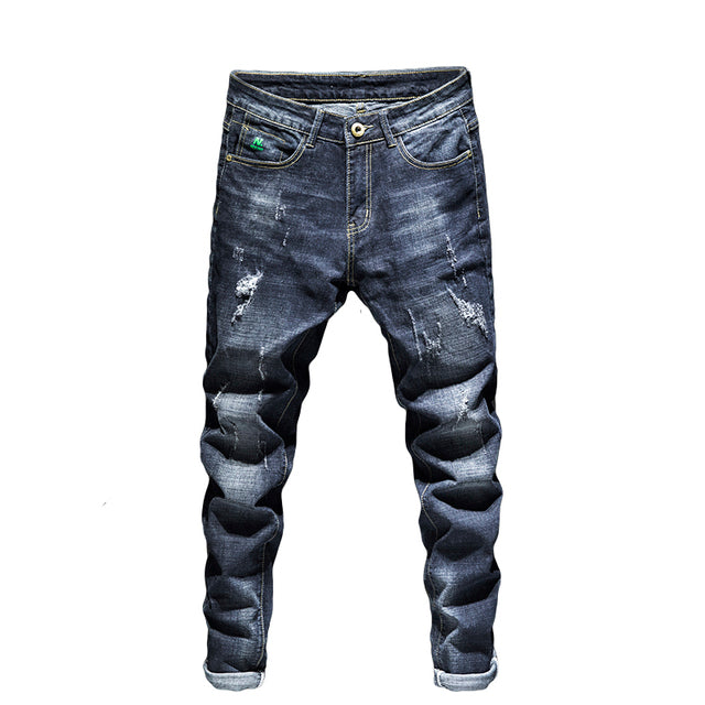 James™ Man Jeans 2023 Nieuwe Donkerblauw Stretch Slim Fit Ripped Streetwear Verzwakte Verontruste Broek Letters Biker Jeans