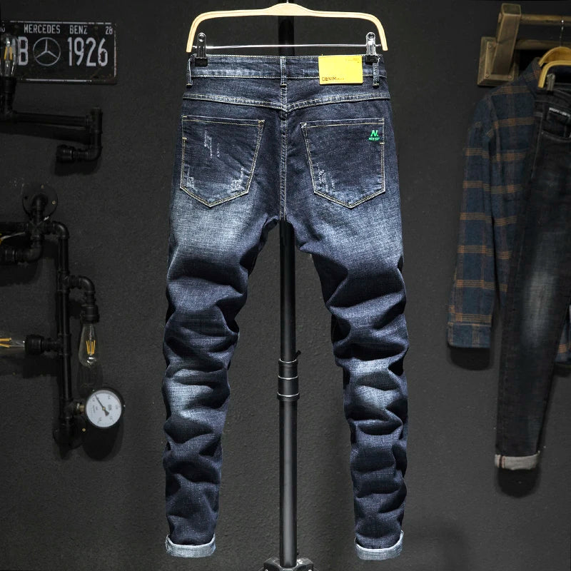 James™ Man Jeans 2023 Nieuwe Donkerblauw Stretch Slim Fit Ripped Streetwear Verzwakte Verontruste Broek Letters Biker Jeans