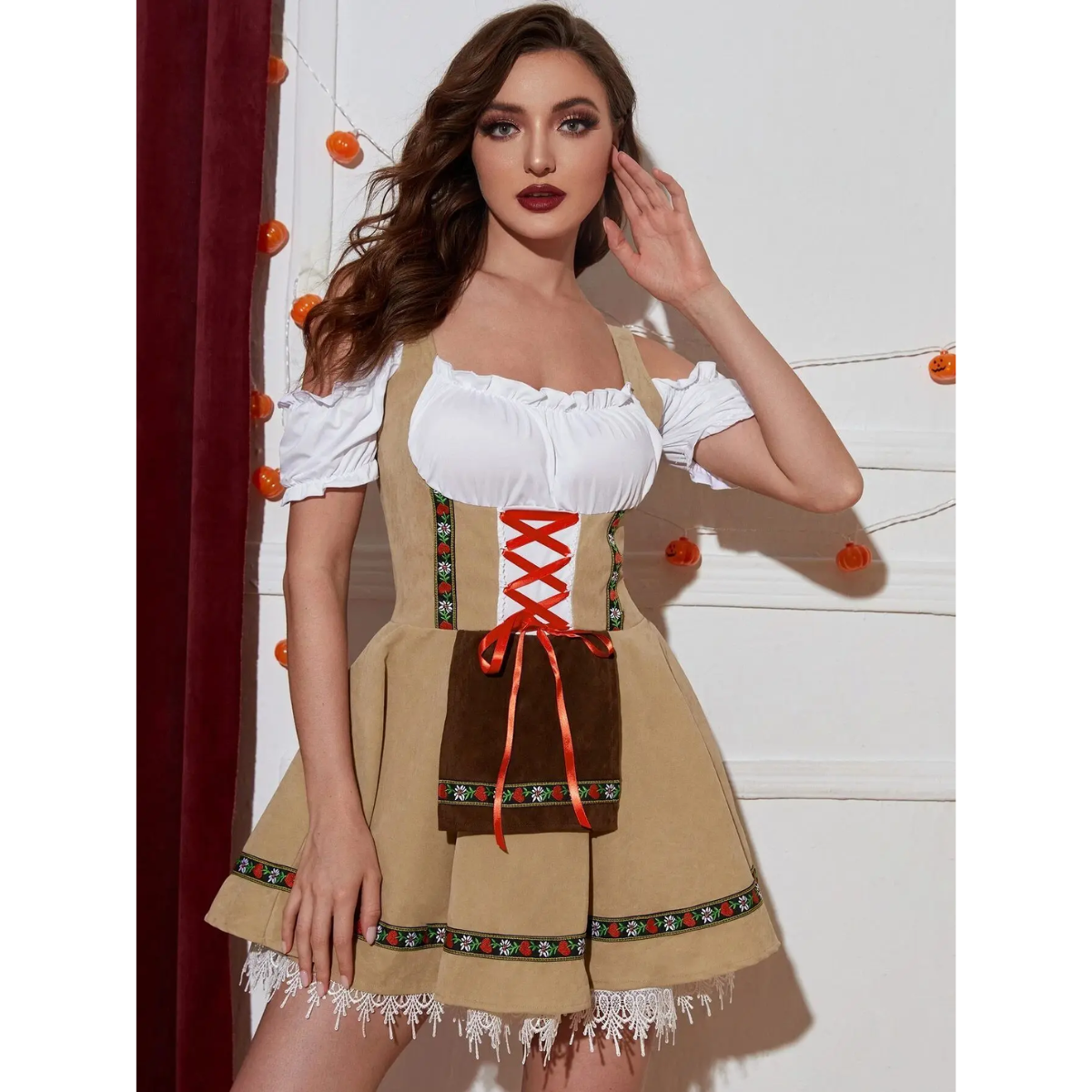 Vindora - Dirndl Dames Jurk met Traditionele Kanten Mouwen en Vetersluiting