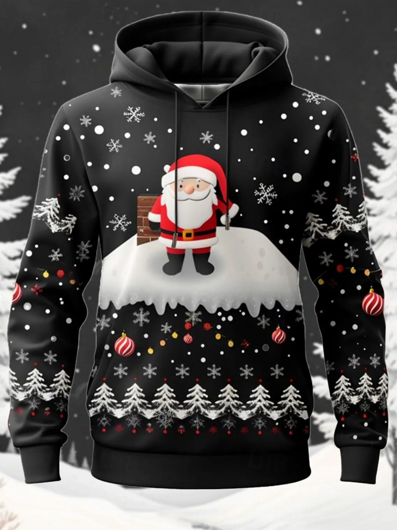 Santa Kersttrui met Kerstman, Rendier en Winterbos Design – Feestelijke Feestdagen Hoodie