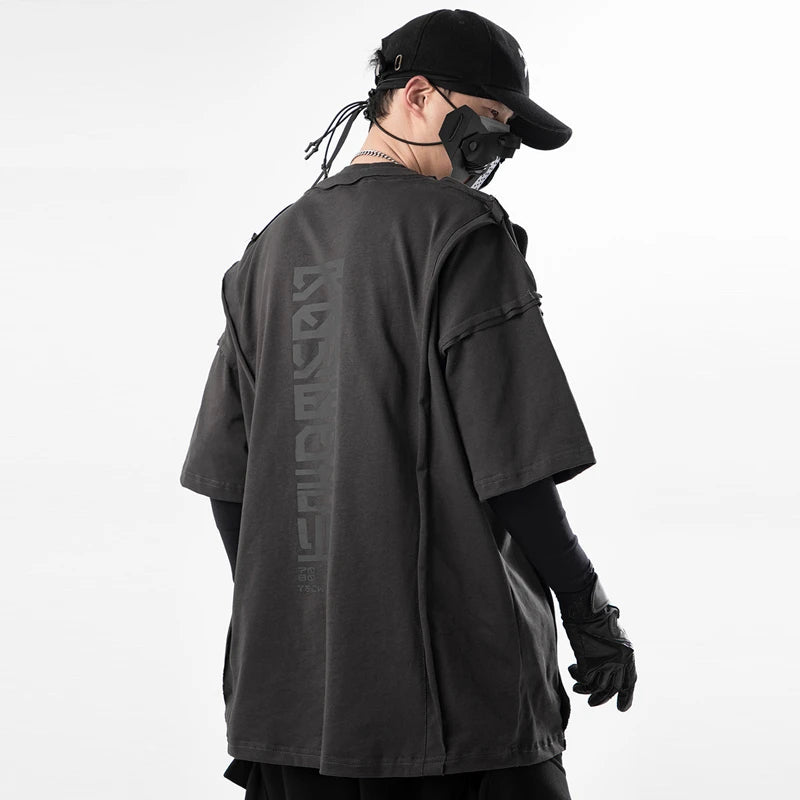 James - 11 BYBB'S DARK Techwear Los T-Shirt - Zomer Patchwork Ontwerp - Tactische Hip Hop Streetwear - Korte Mouw