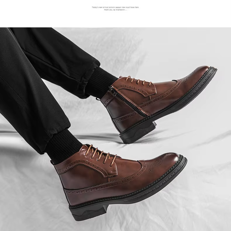 Verlock - Herenschoenen Boots - Leren Brogue Veterschoenen met Rits, Klassiek Design