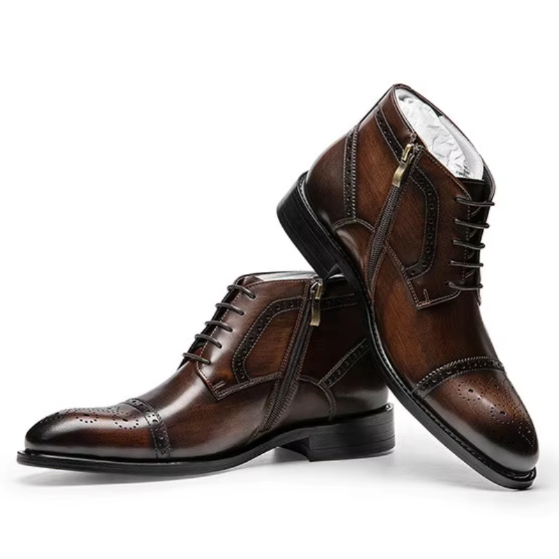 Nestrol - Herenschoenen Boots - Leren Brogue Enkellaarzen met Rits, Formeel Veterschoen