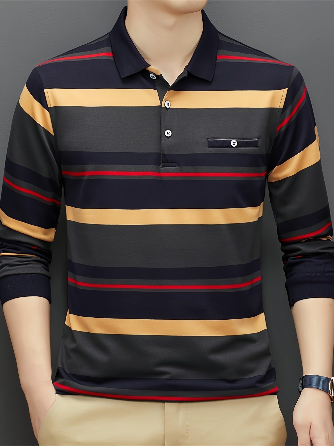 Polonik - Heren Gestreepte Lange Mouw Polo Shirt met Borstzak - Casual Slim Fit