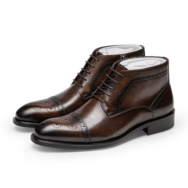 Nestrol - Herenschoenen Boots - Leren Brogue Enkellaarzen met Rits, Formeel Veterschoen