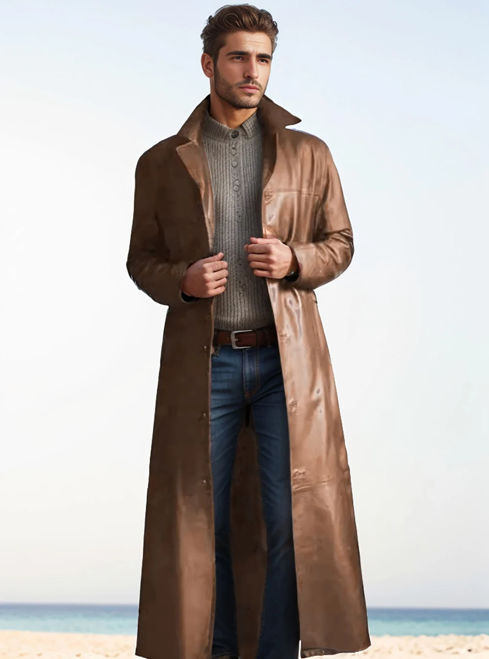 Vinara - Lange Leren Heren Mantel voor Mannen - Slim Fit Trenchcoat