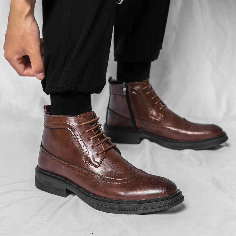 Verlock - Herenschoenen Boots - Leren Brogue Veterschoenen met Rits, Klassiek Design