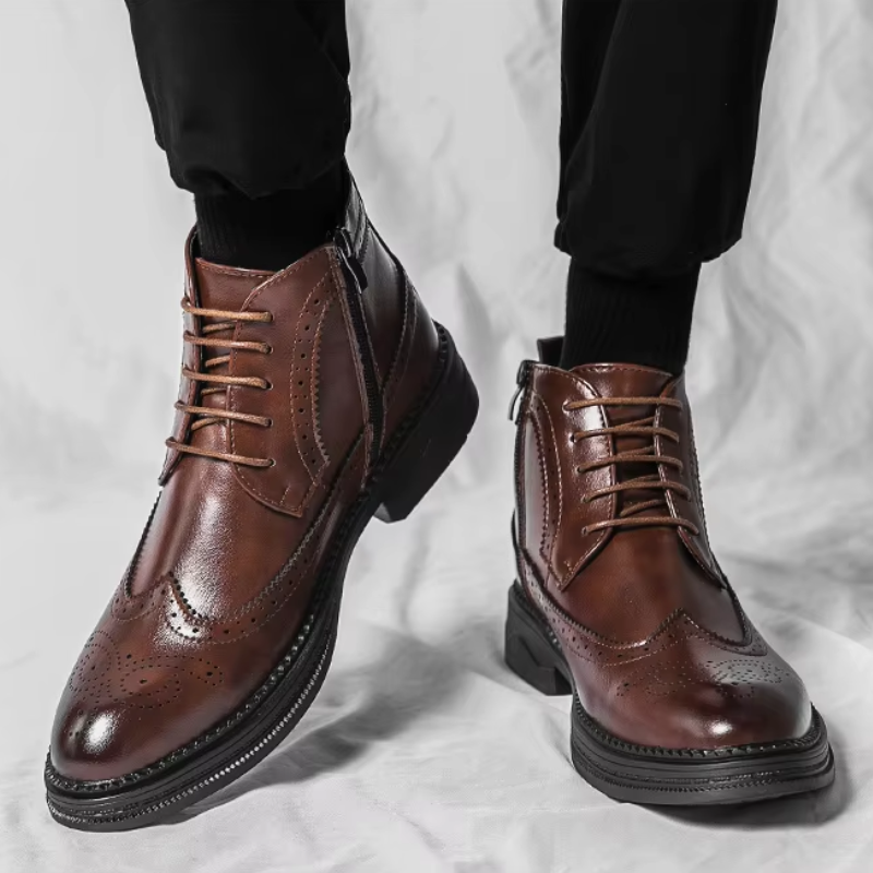 Verlock - Herenschoenen Boots - Leren Brogue Veterschoenen met Rits, Klassiek Design