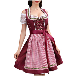 Sinndra - Dirndl Dames Jurk met Geruit Schort en Kanten Off-Shoulder Mouwen