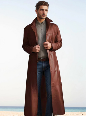 Vinara - Lange Leren Heren Mantel voor Mannen - Slim Fit Trenchcoat