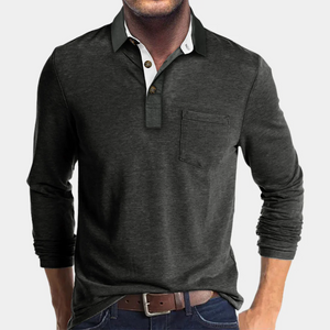 PoloLux - Heren Lange Mouw Polo Shirt met Borstzak, Casual Knoopsluiting Top