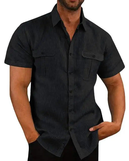James™ grijs licht heren linnen shirt met omslagkraag