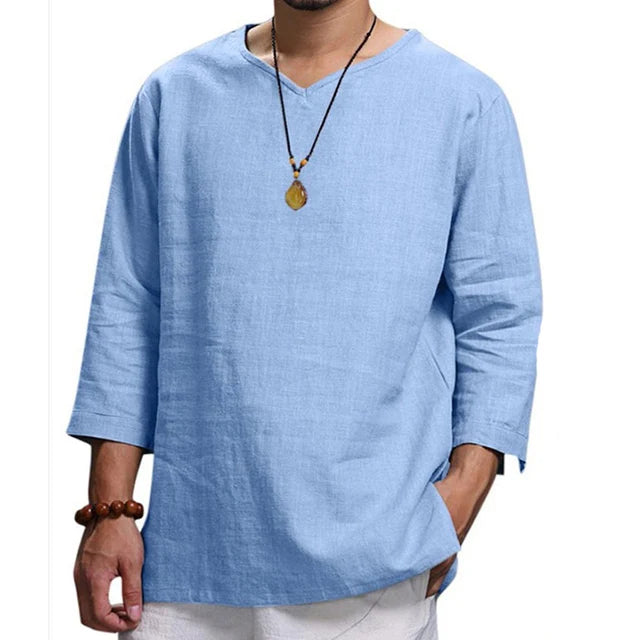 James™ blauw v-hals katoenen eenvoudig heren linnen shirt