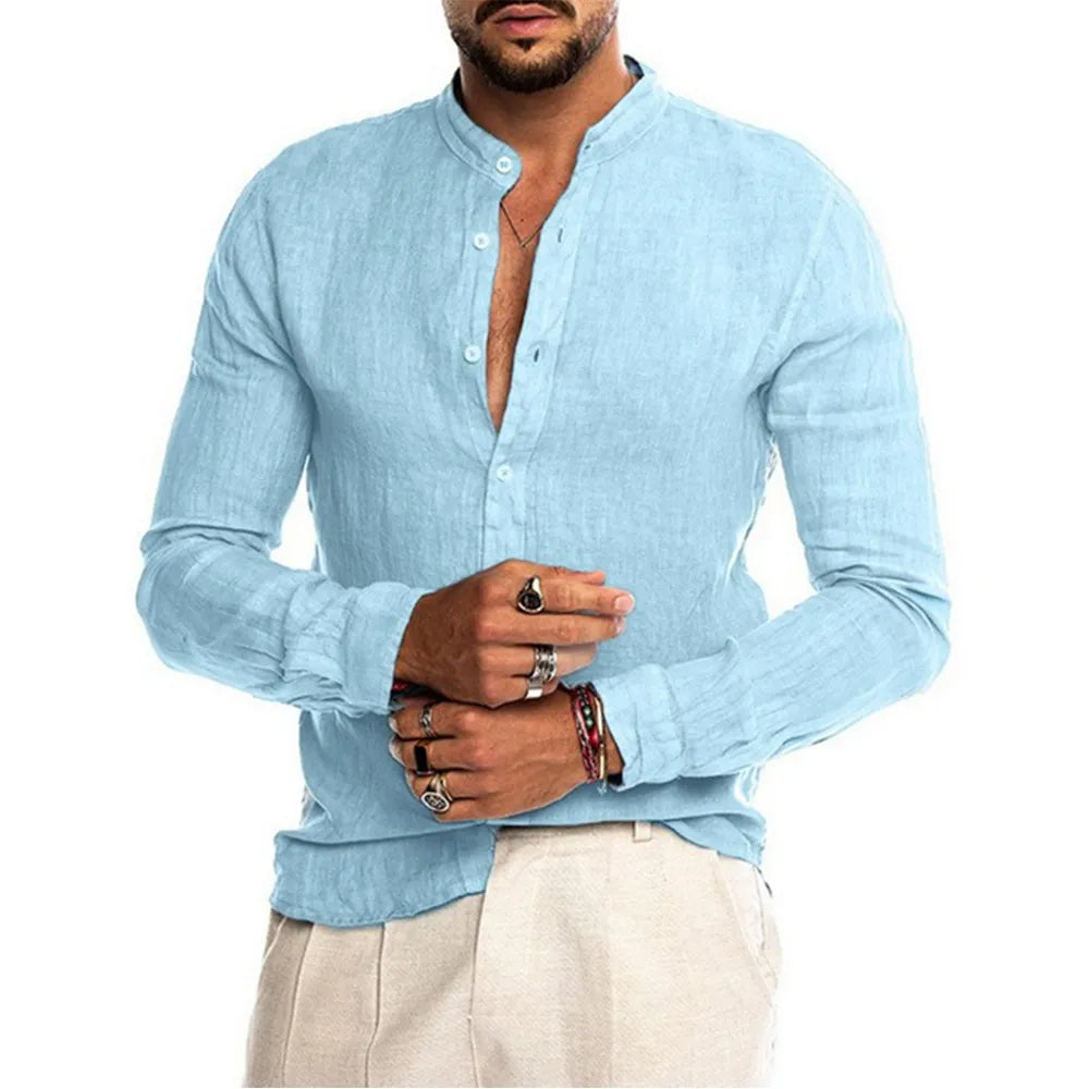 James™ blauw eenvoudig heren linnen shirt met slanke revers