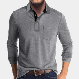 PoloLux - Heren Lange Mouw Polo Shirt met Borstzak, Casual Knoopsluiting Top