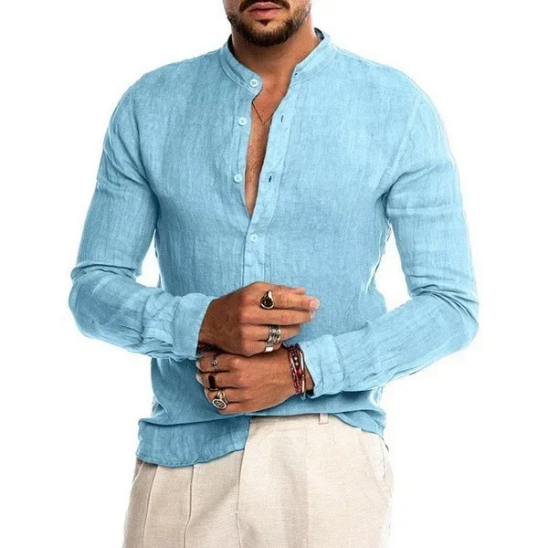 James™ blauw katoenen eenvoudig comfortabel heren linnen shirt