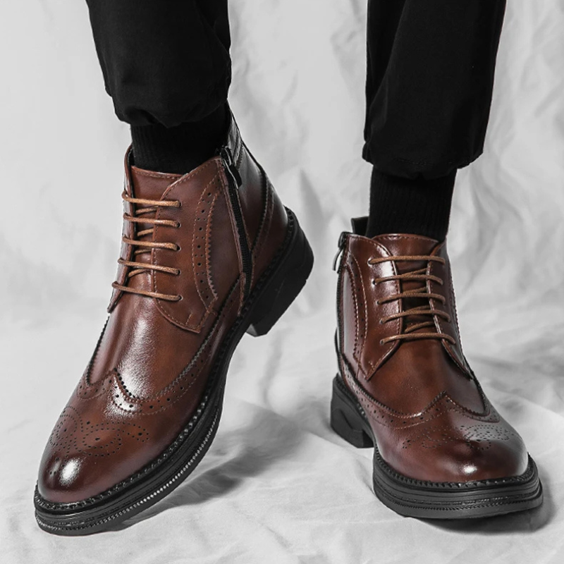 Verlock - Herenschoenen Boots - Leren Brogue Veterschoenen met Rits, Klassiek Design