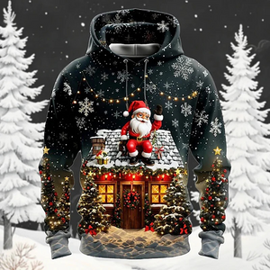 Santa Kersttrui Hoodie met Kerstman en Winters Tafereel Design – Feestelijke Feestdagen Trui