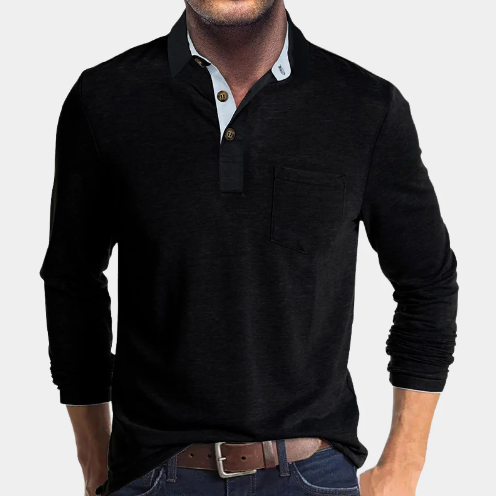 PoloLux - Heren Lange Mouw Polo Shirt met Borstzak, Casual Knoopsluiting Top