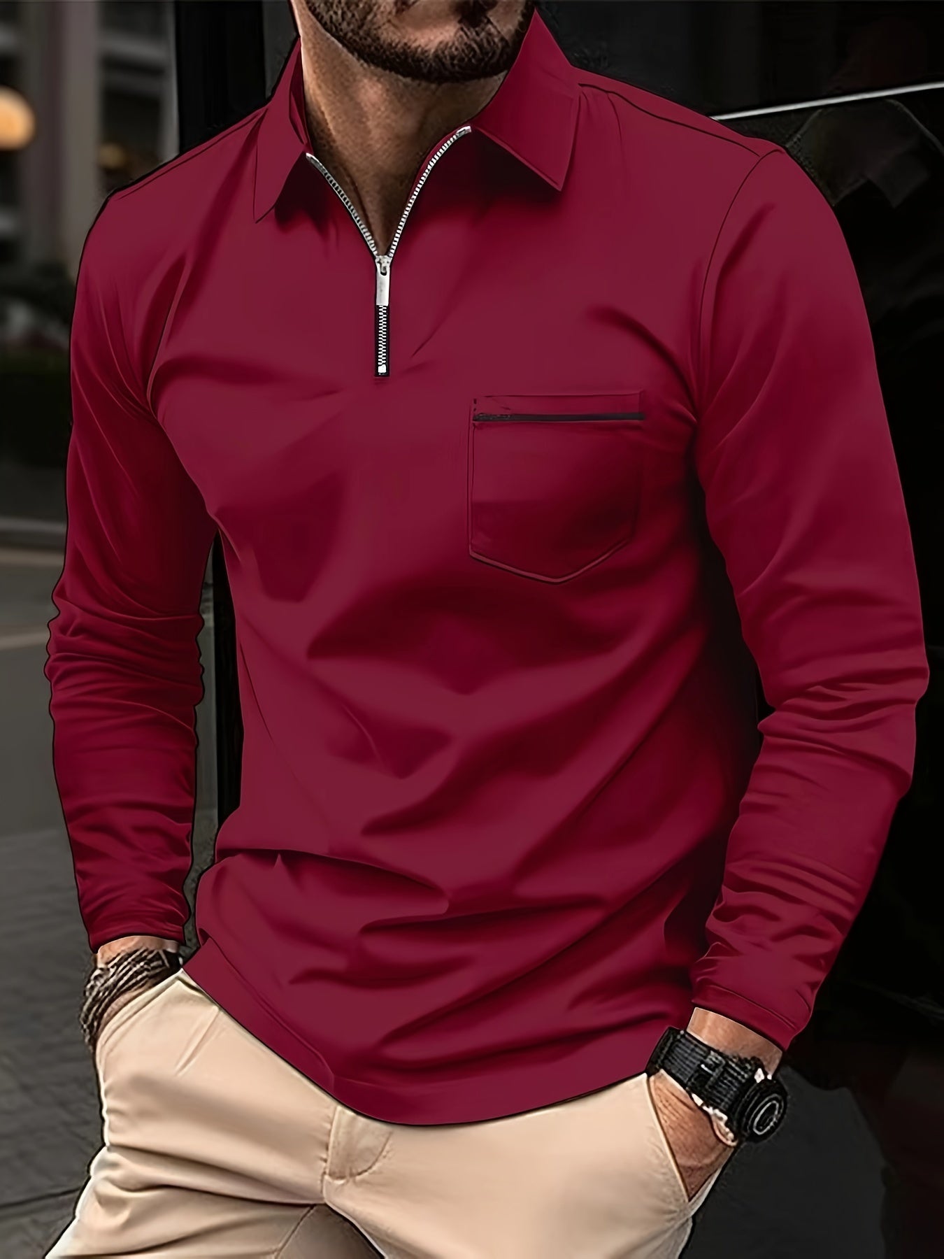 Polonik - Heren Polo met Lange Mouwen en Borstzak, Half-Zip – Casual Slim Fit