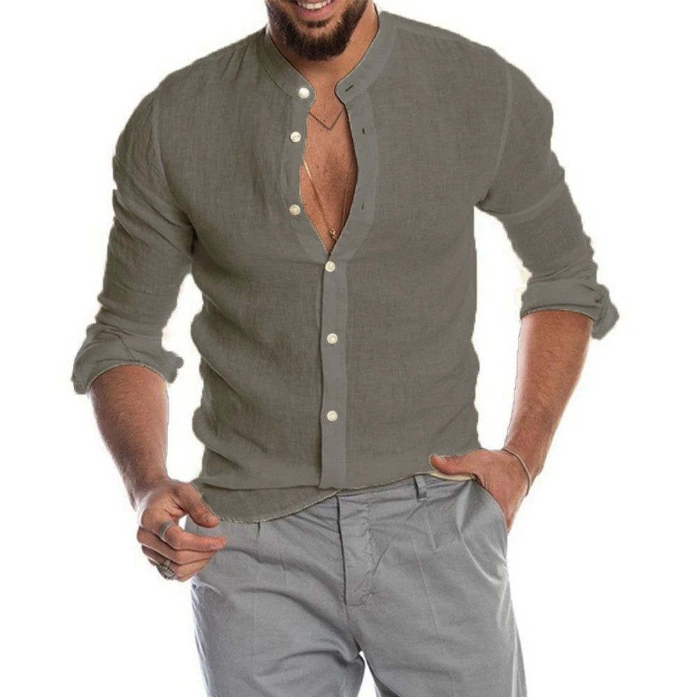 James™ blauw eenvoudig heren linnen shirt met slanke revers
