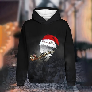 Santa Kersttrui Hoodie met Kerstslee en Maanverlicht Tafereel Design – Feestelijke Feestdagen Trui