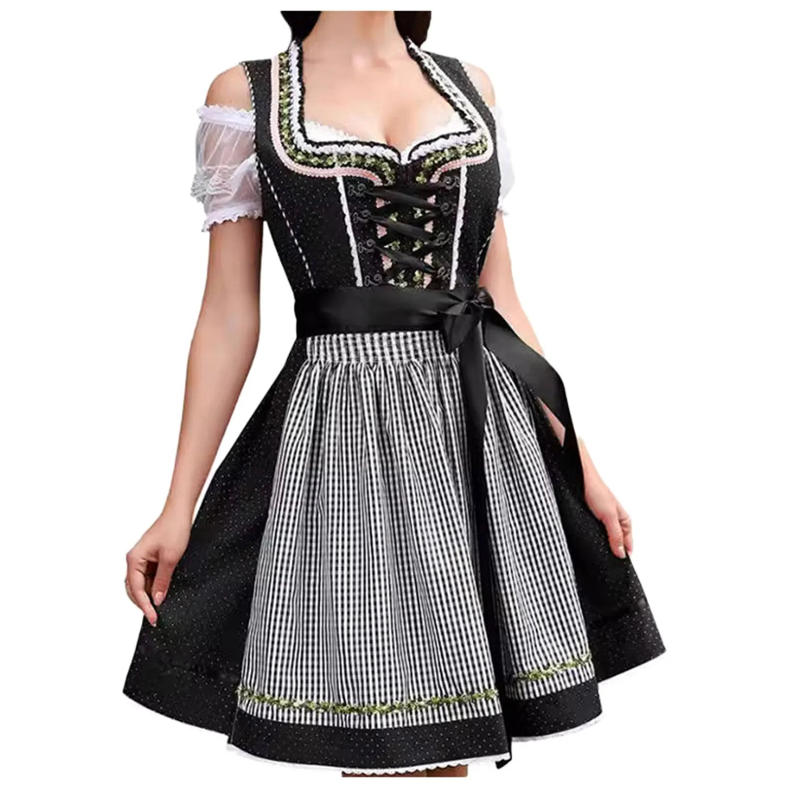 Sinndra - Dirndl Dames Jurk met Geruit Schort en Kanten Off-Shoulder Mouwen