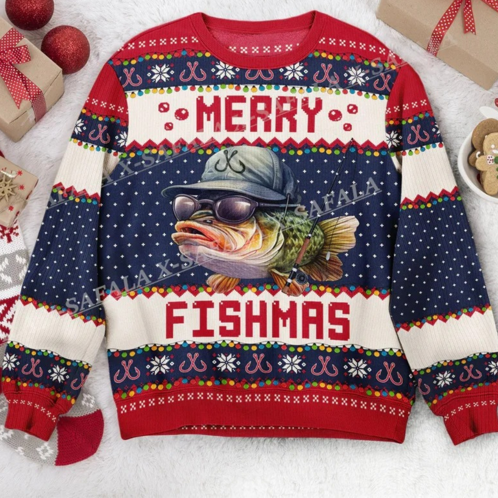 Santa Kersttrui met Vis en "Merry Fishmas" Design – Grappige Feestdagen Trui