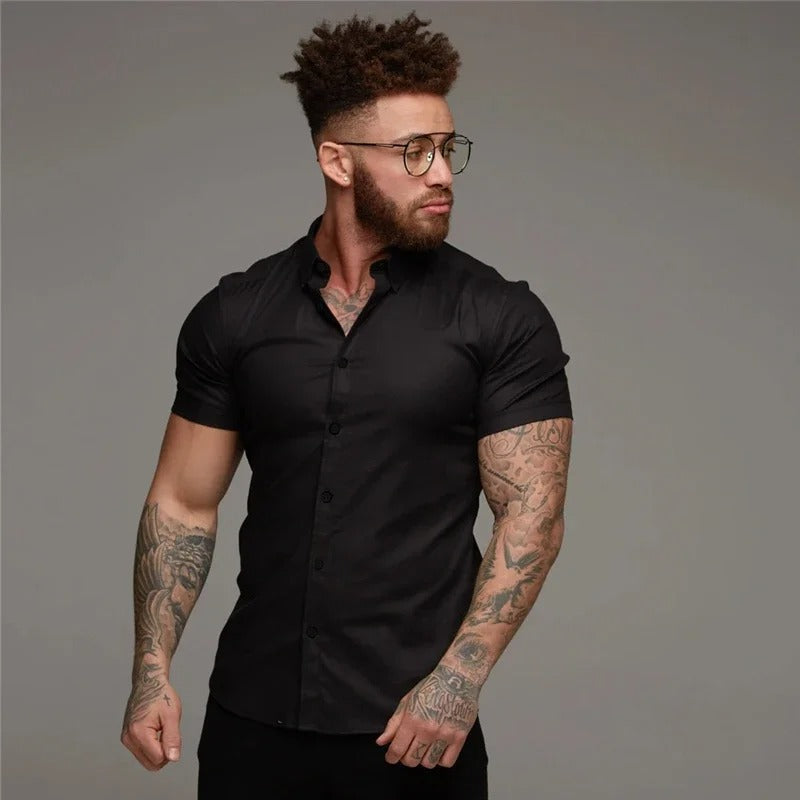James™ zakelijke stijl zwart lichtgewicht heren korte mouw overhemd