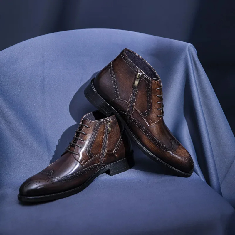 Nestrol - Herenschoenen Boots - Leren Brogue Enkellaarzen met Rits, Formeel Veterschoen