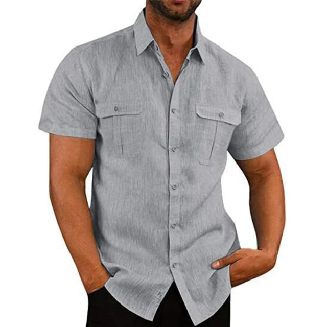 James™ grijs licht heren linnen shirt met omslagkraag
