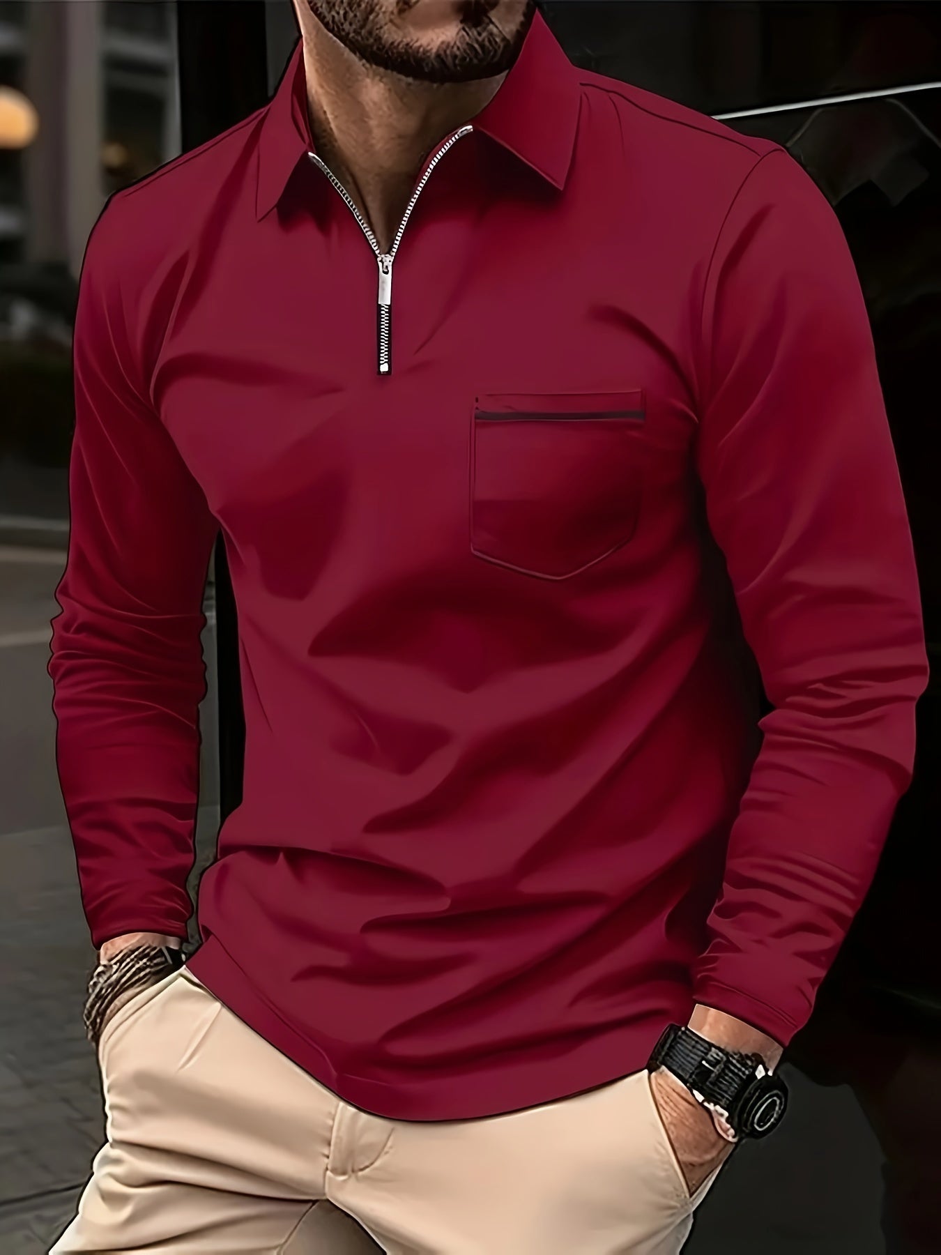 Polonik - Heren Polo met Lange Mouwen, Half-Zip en Borstzak – Casual Slim Fit