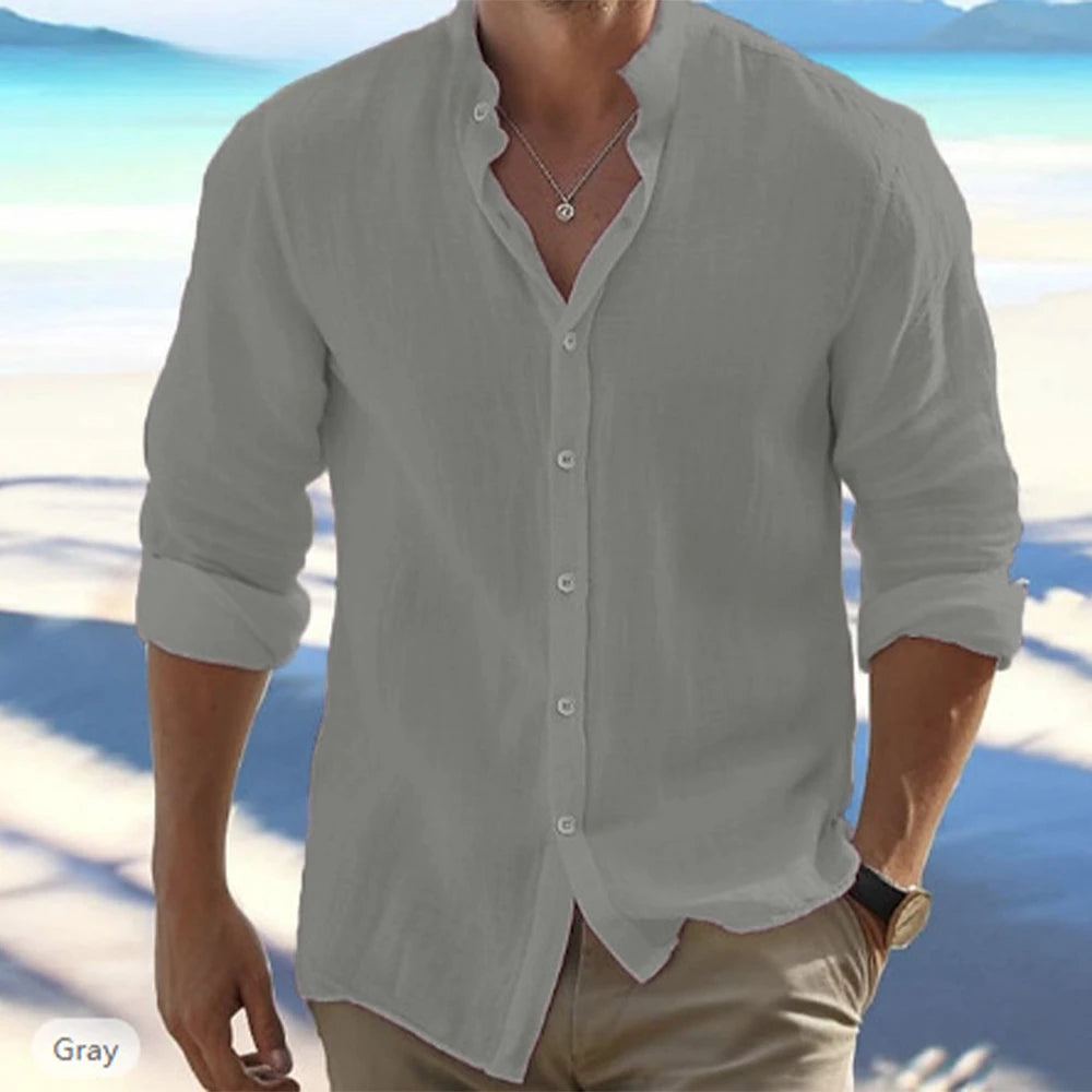 James™ witte button stand collar heren linnen shirt