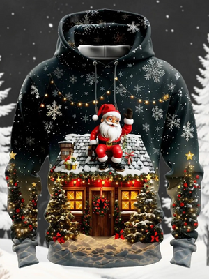 Santa Kersttrui met Kerstman, Rendier en Winterbos Design – Feestelijke Feestdagen Hoodie