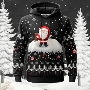 Santa Kersttrui Hoodie met Kerstman en Winters Tafereel Design – Feestelijke Feestdagen Trui