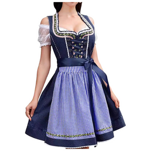 Sinndra - Dirndl Dames Jurk met Geruit Schort en Kanten Off-Shoulder Mouwen