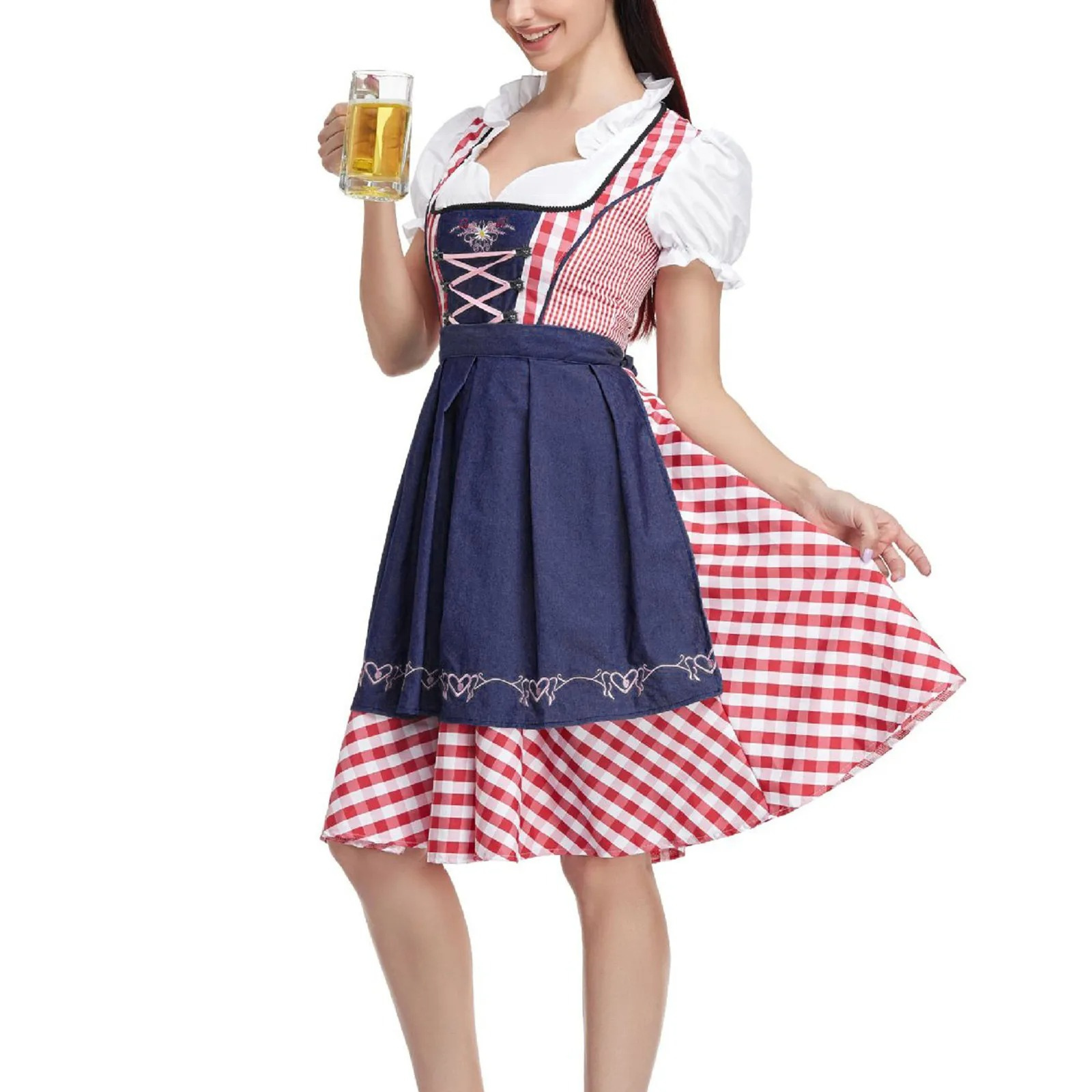 Vordira - Dirndl Dames Jurk met Geruit Design en Klassieke Vetersluiting