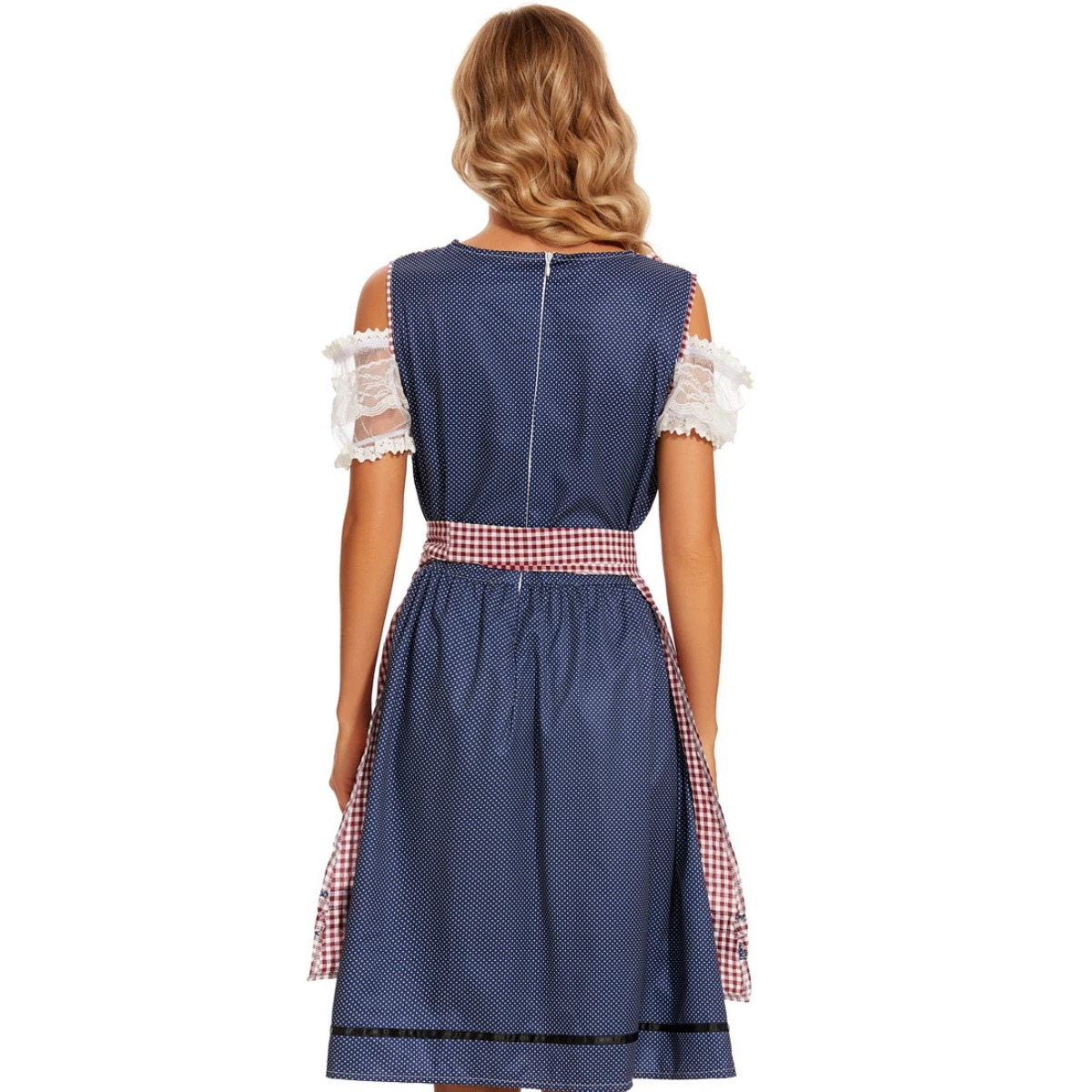 Kandira - Dirndl Dames Jurk met Geruit Schort en Kanten Mouwen