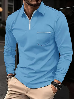 Polonik - Heren Polo met Lange Mouwen en Borstzak, Half-Zip – Casual Slim Fit