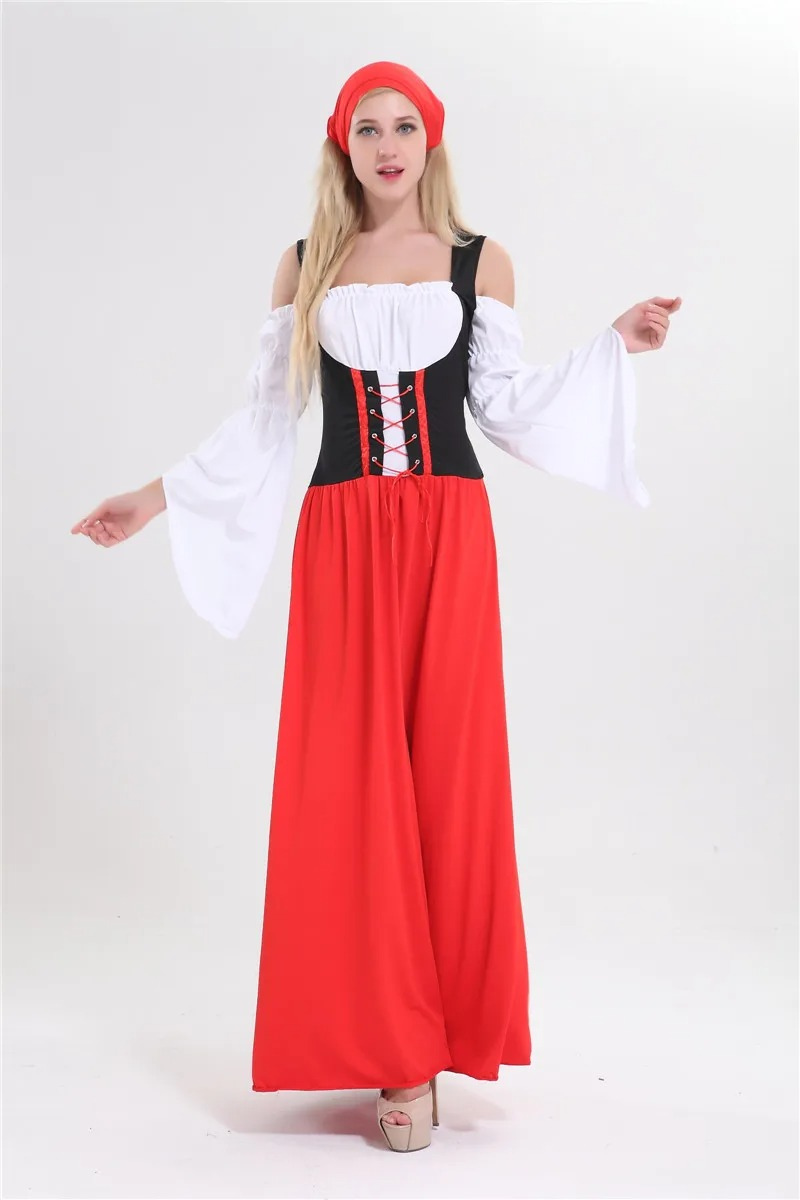 Xondira - Dirndl Dames Lange Jurk met Wijde Mouwen en Vetersluiting