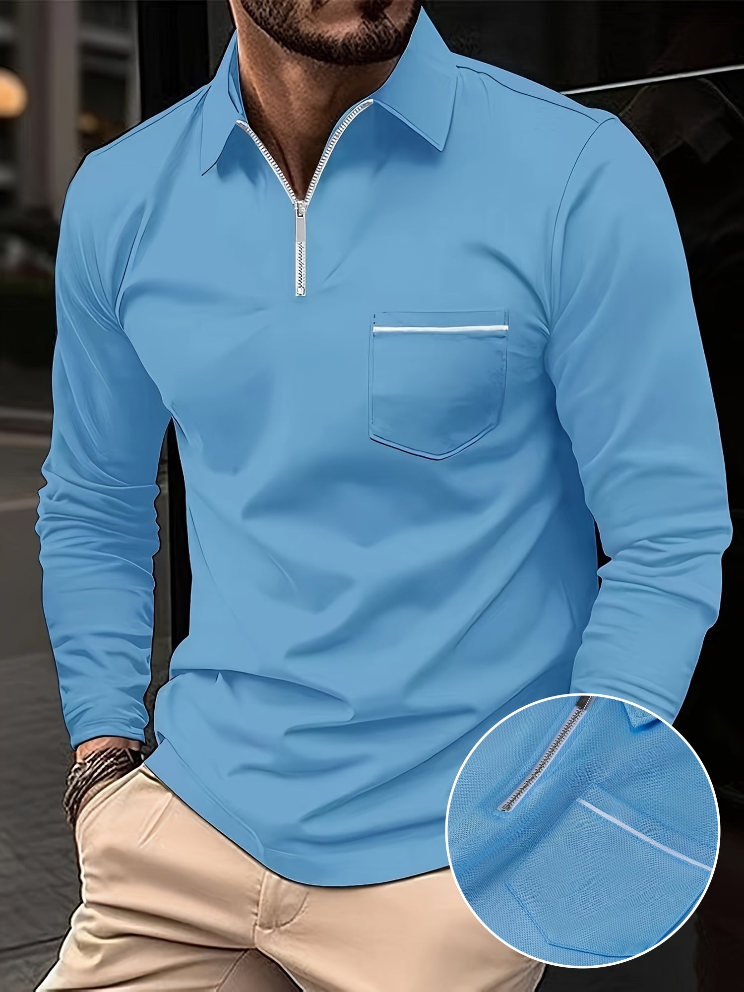 Polonik - Heren Polo met Lange Mouwen en Borstzak, Half-Zip – Casual Slim Fit