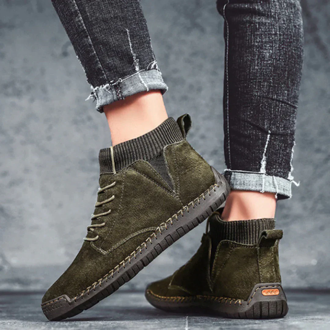 BootNow - Heren Hoge Suède Sneakers met Gebreide Enkelmanchet en Stiksel Details