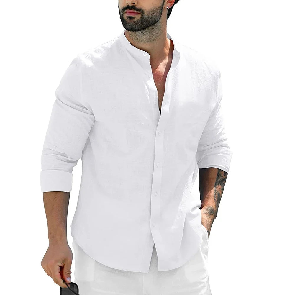 James™ wit katoenen slim staande kraag heren linnen shirt