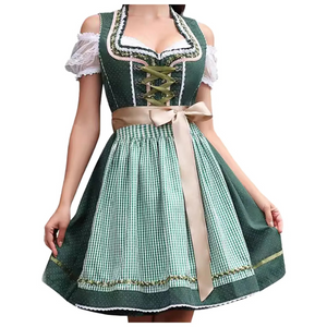 Sinndra - Dirndl Dames Jurk met Geruit Schort en Kanten Off-Shoulder Mouwen