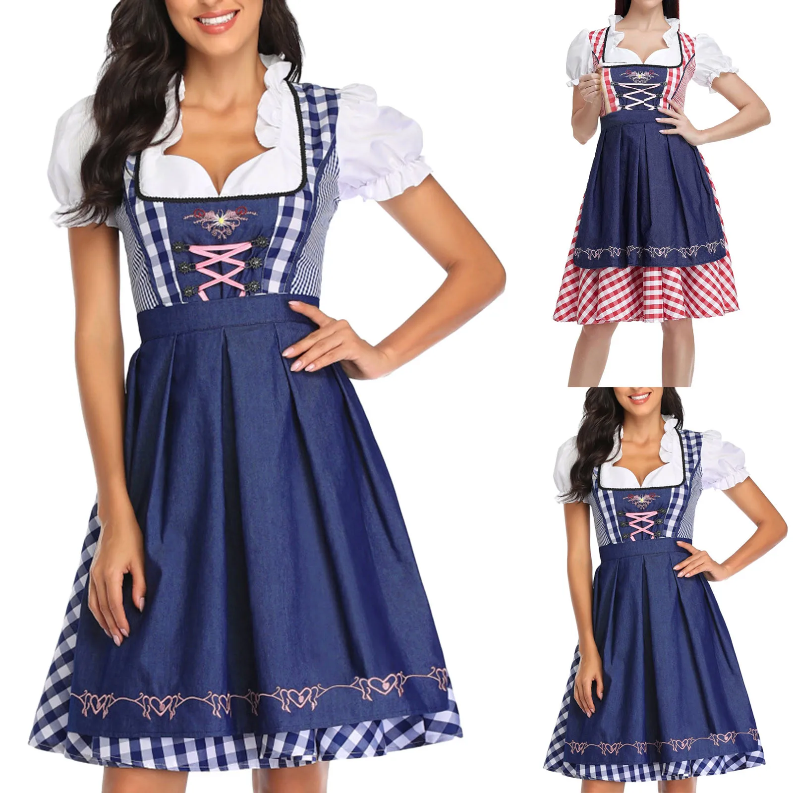 Vordira - Dirndl Dames Jurk met Geruit Design en Klassieke Vetersluiting