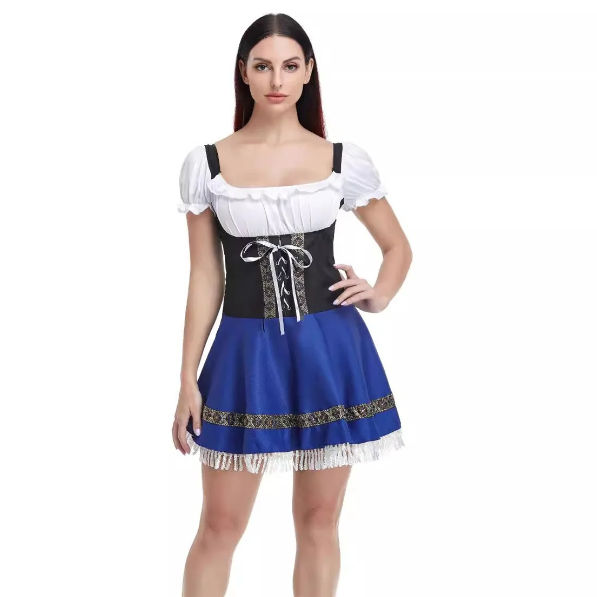 Kordira - Dirndl Dames Feestjurk met Striksluiting en Gerafelde Rand