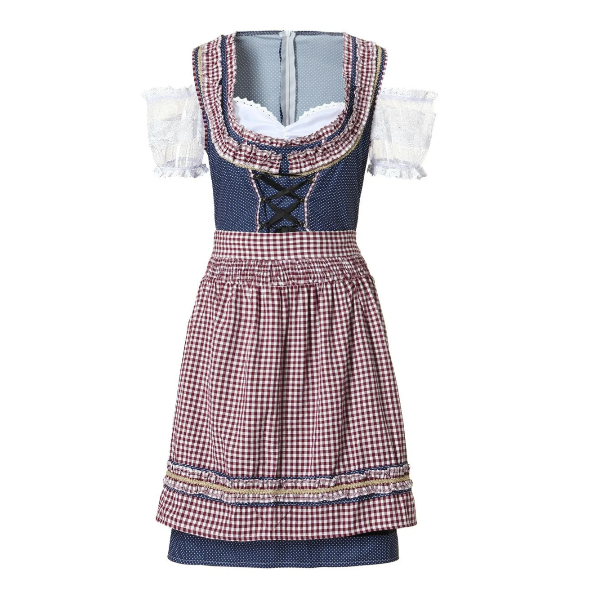 Kandira - Dirndl Dames Jurk met Geruit Schort en Kanten Mouwen