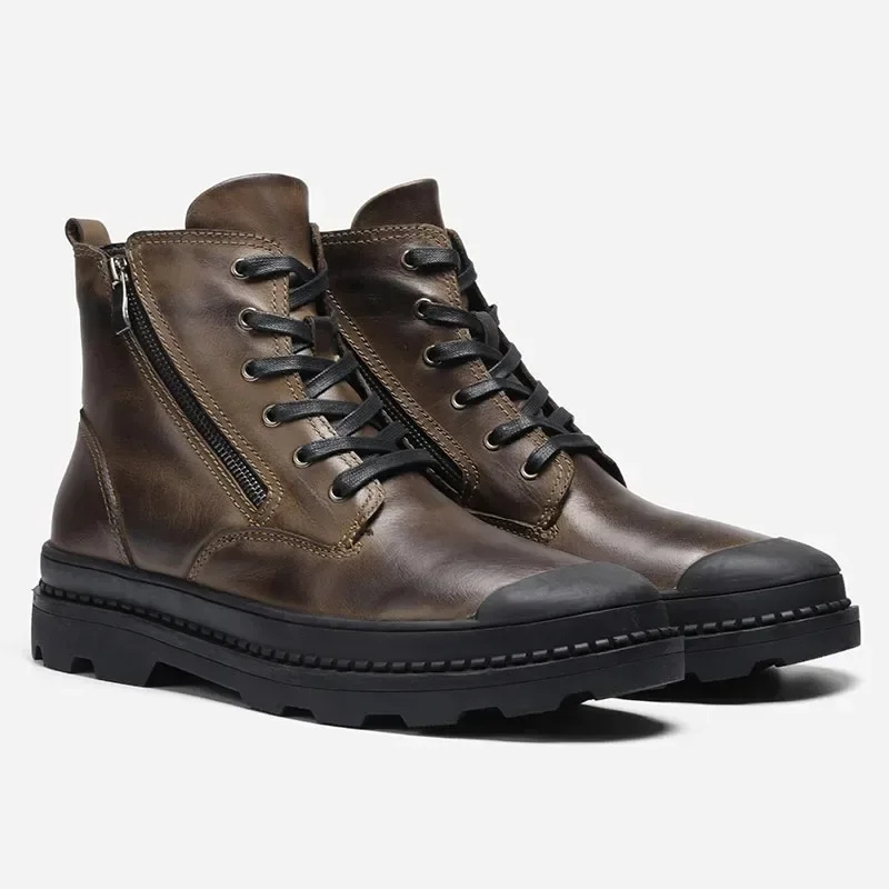 Haltrex - Herenschoenen Boots - Leren Combat Boots met Rits, Stevige Veterschoenen