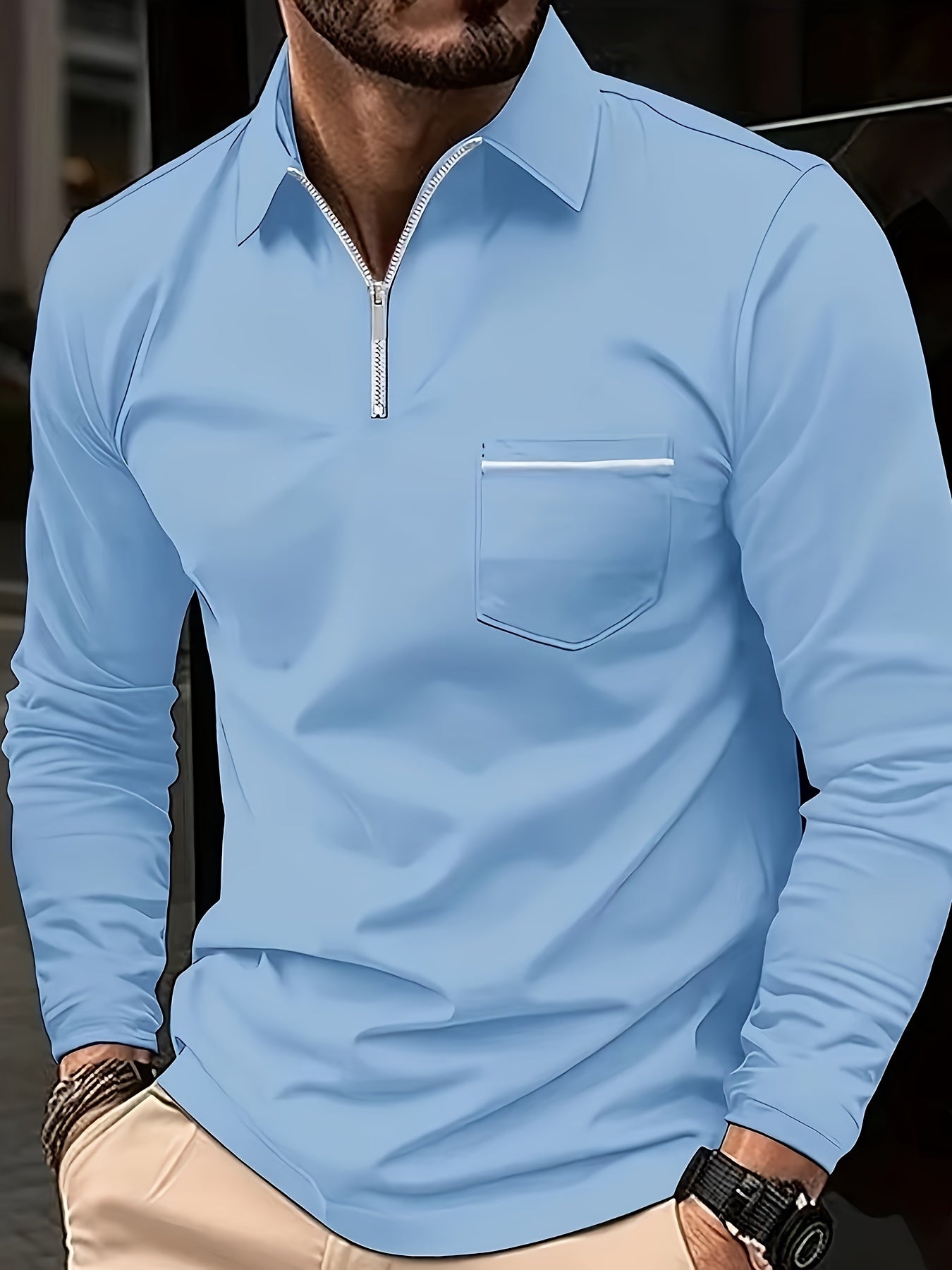 Polonik - Heren Polo met Lange Mouwen, Half-Zip en Borstzak – Casual Slim Fit